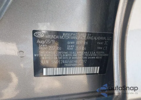 2019 Hyundai Sonata Se z USA, uszkodzony, nr VIN 5NPE24AF6KH820292